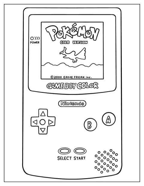 Uma consola Game Boy Color apresenta um jogo Pokémon no ecrã.