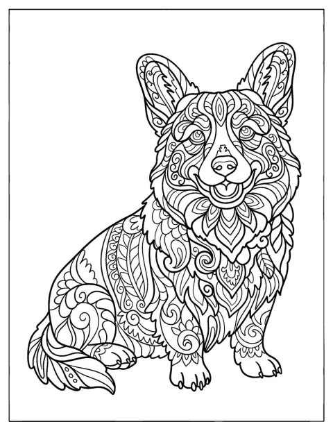 Egy corgi alakját aprólékos, körkörös mandalaminták díszítik.