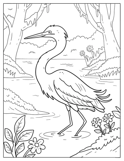 Uma garça está de pé junto à água, entre plantas de uma zona húmida.