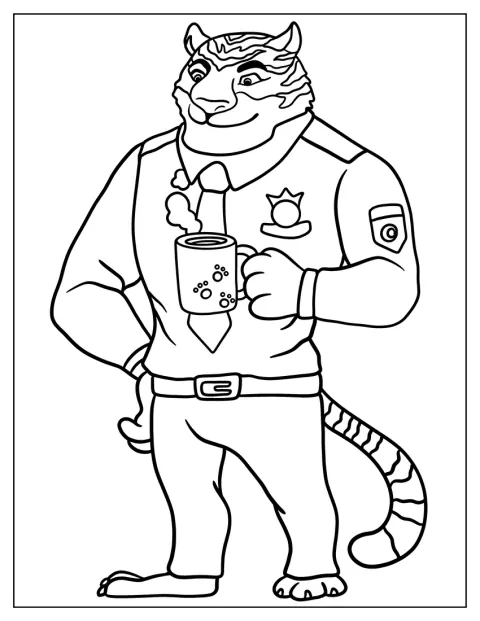 Officer Tiger steht da und hält einen Becher in der Pfote.
