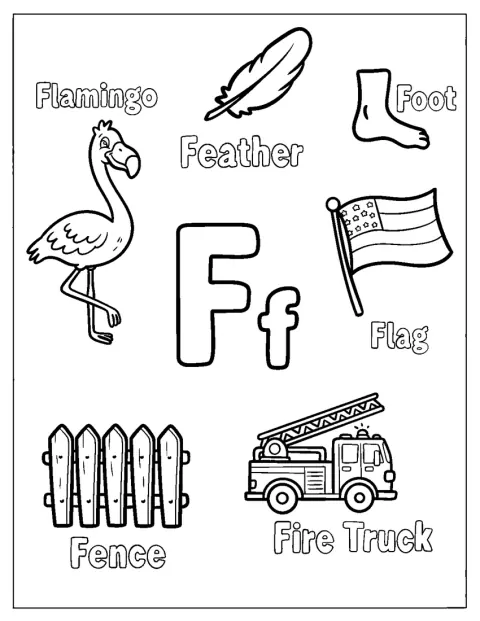 Letter F with Things That Start with F Coloring Pagev2