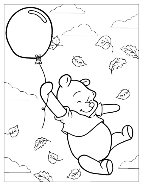 Winnie The Pooh With Balloon And Fall Leaves