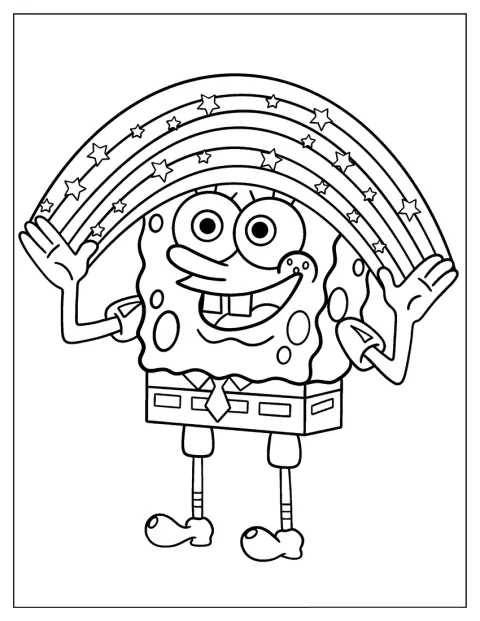 Bob Esponja aparece sonriente debajo de un arcoíris.