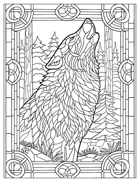 Un lobo aúlla entre los árboles en una ilustración de estilo vidriera.