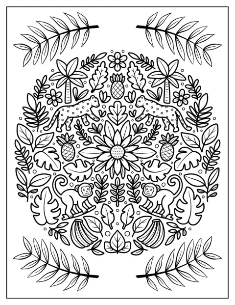 Leopardos, macacos e plantas tropicais compõem uma mandala intrincada.