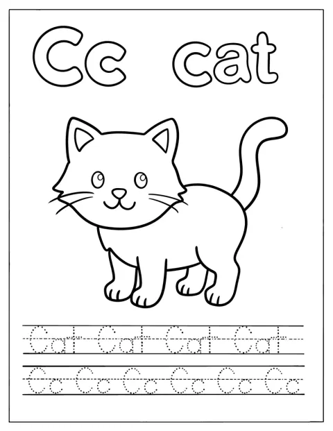 Een kat zit naast een oefenletter C om over te trekken.