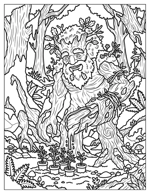 Un druido con corona di corna impugna un bastone magico nella foresta.