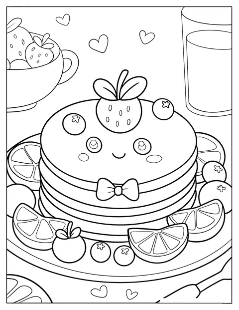 Uma pilha de panquecas com morangos, laranjas e um laço surge em estilo kawaii.