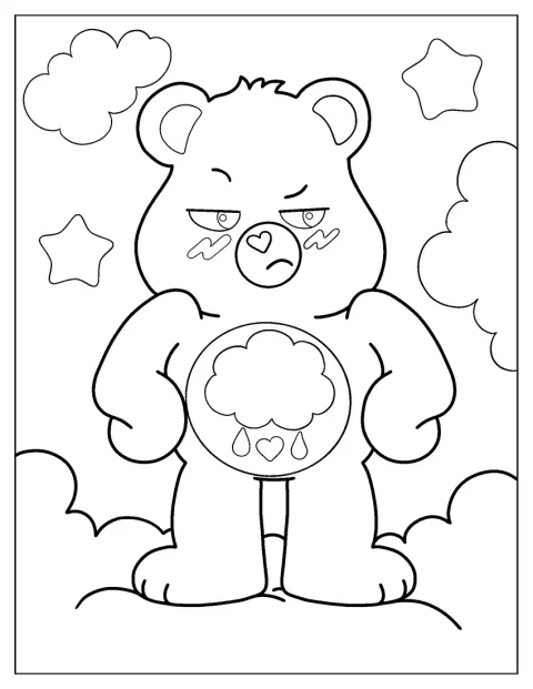 Grumpy Care Bear posa con el ceño fruncido.