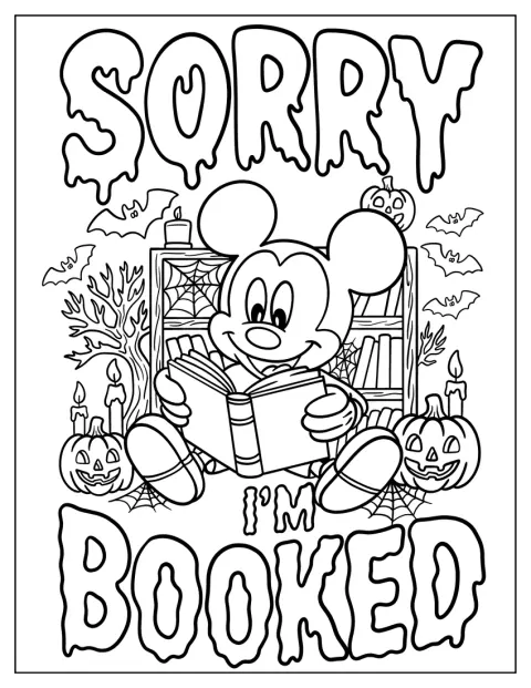 Mickey Mouse læser en gyserhistorie med teksten »Sorry, I’m booked« ved siden af.