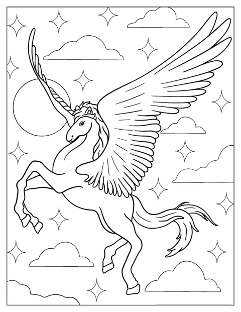 Un unicorno magico con le ali vola nel cielo.