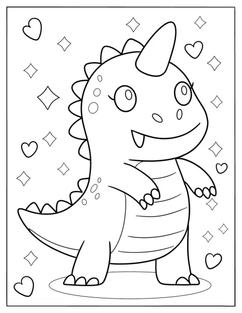 Ein niedlicher Dinosaurier schaut lächelnd nach vorn.