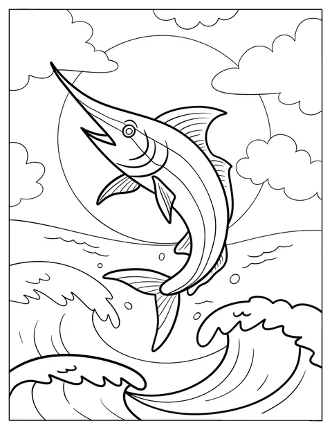 Een marlijn springt uit het woelige water tussen hoge golven.