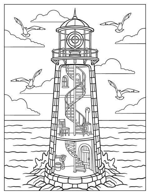 Vê-se o interior de um farol, com gaivotas a voar no céu.