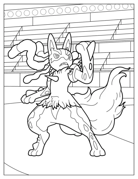 Mega Lucario affronte un adversaire au milieu d’un stade.