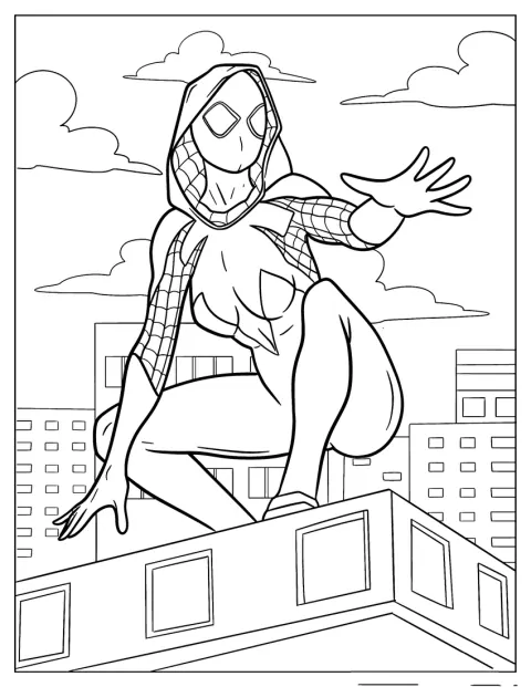 Spider-Gwen se asoma al borde de un edificio y tiende la mano.