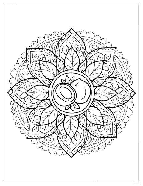 Tropische Blätter und geschwungene Blütenblätter formen ein Kokosnuss-Mandala.
