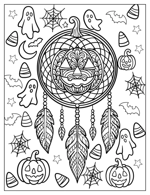 Een Halloweenpompoen vormt het middelpunt van een mandala in de vorm van een dromenvanger.