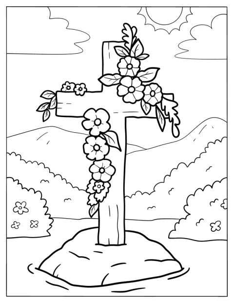 Ett enkelt träkors omges av blommor och blad utomhus.