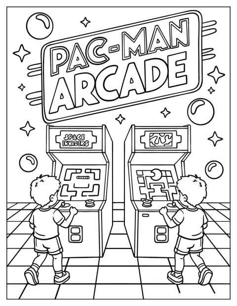 Des enfants s’amusent avec Pac-Man et Space Invaders sur des jeux vidéo.