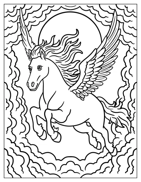 En majestætisk pegasus svæver på himlen med sin lange, bølgende manke.
