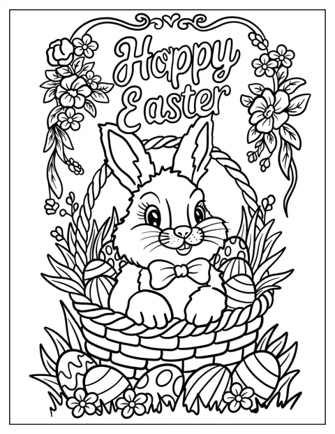 Un conejo se asoma desde una cesta rodeada de huevos de Pascua.