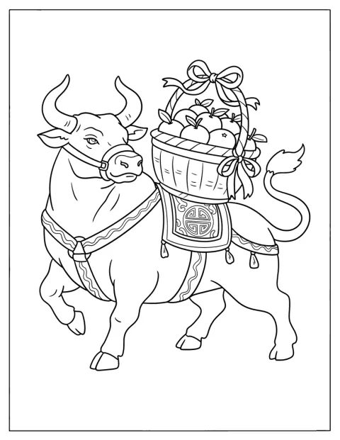 En oxe från den kinesiska zodiaken bär en korg full av lyckofrukter.