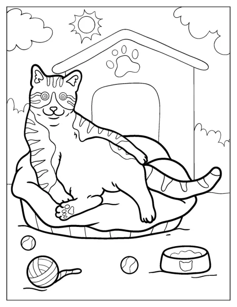 猫がベッドの上でゆったりと横になっています。