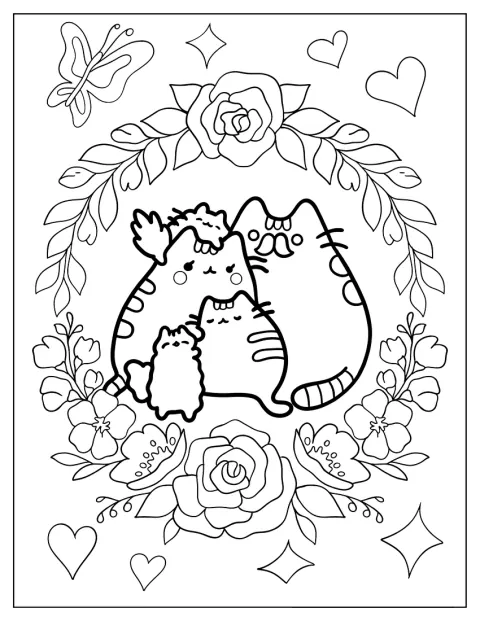 Pusheen è circondata da decorazioni floreali ricche di dettagli.