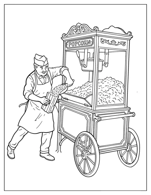 Un venditore raccoglie popcorn freschi da un contenitore al circo.