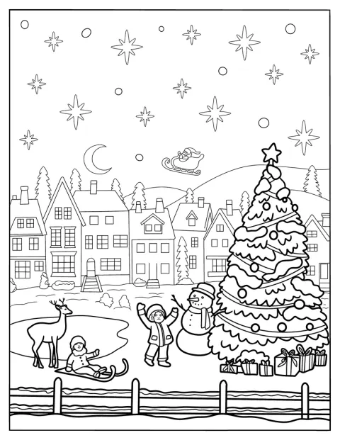 Santa Flying Over A Town In Winter Coloring Page
