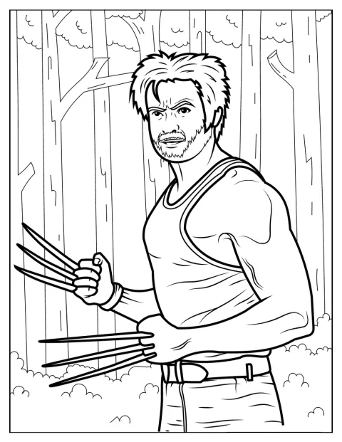 Wolverine står mellem træerne i en skov.