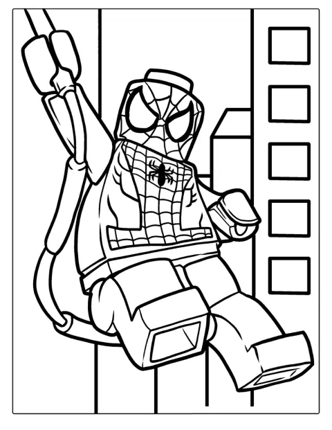 Lego Spider-Man slingert met zijn webben tussen hoge gebouwen.