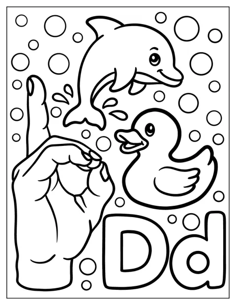Håndtegnet for D står sammen med en and og en delfin.