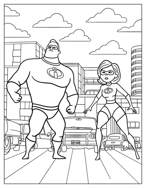 Mr. Incredible y Elastigirl se enfrentan a sus enemigos entre los edificios de la ciudad.