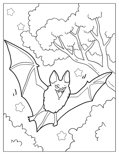 Un murciélago vuela con gesto enfadado y los colmillos a la vista.