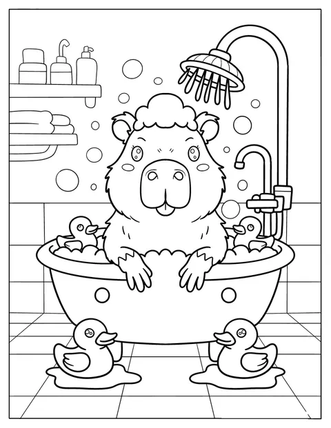 Ein Capybara planscht in der Badewanne zwischen Schaumblasen und Quietscheentchen.