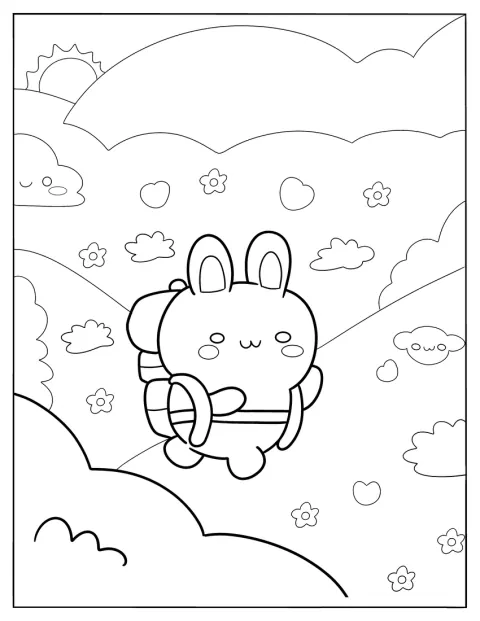 ウサギが、花いっぱいの野原をハイキングしています。