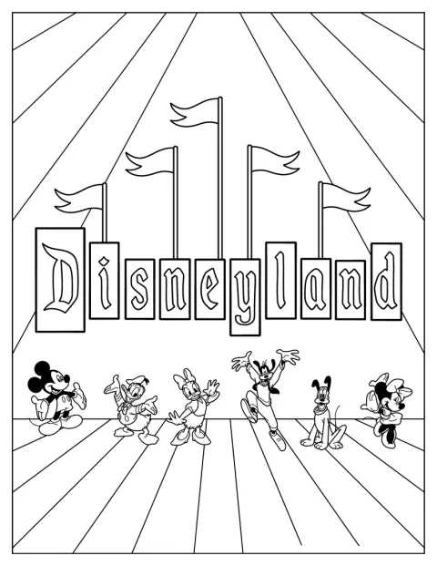 Mikki, Aku, Iines, Hessu, Pluto ja Minni poseeraavat yhdessä Disneyland-julisteessa.