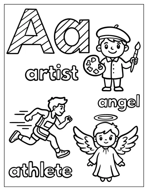 Un athlète, un ange et un artiste illustrent la lettre A.