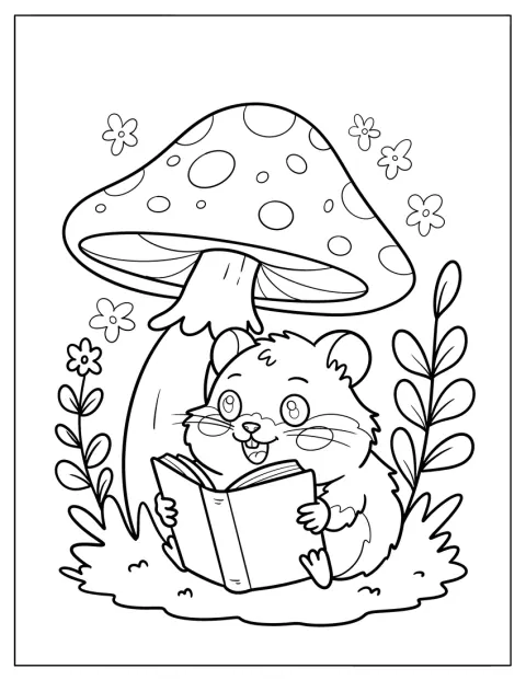 En hamster leser en bok under en stor sopp i en blomsterhage.