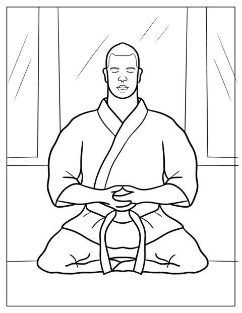 Karateottelija istuu hiljaa meditoimassa.