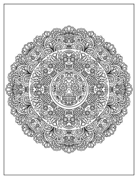 Un crâne en sucre orné forme le motif central de ce mandala d’Halloween.
