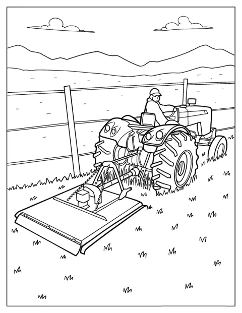 Un fermier conduce tractorul și cosește iarba de-a lungul gardului.