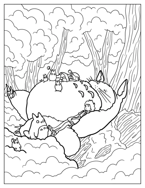 Satsuki i Mei śpią wtulone w Totoro pośród leśnych drzew.