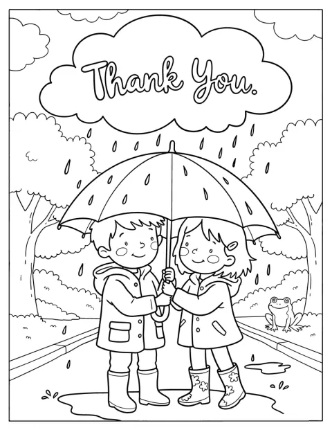 Um rapaz segura um guarda-chuva sobre uma menina, sob uma nuvem com «Obrigado».