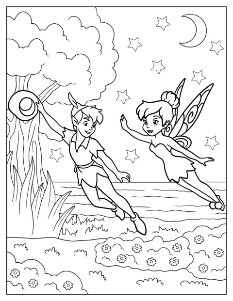 Peter Pan vuela por el cielo nocturno junto a Campanilla.