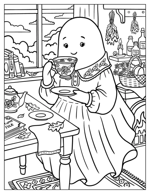 Un fantasma con un bonito vestido disfruta de una taza de té.