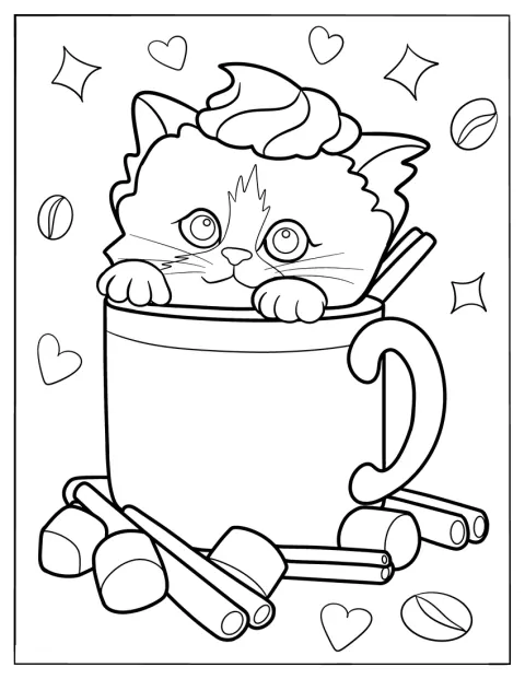 Un gatto kawaii spunta da una tazza colma di panna, accanto a girelle alla cannella.