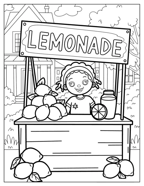 En pige sælger lemonade fra en bod med friske citroner.